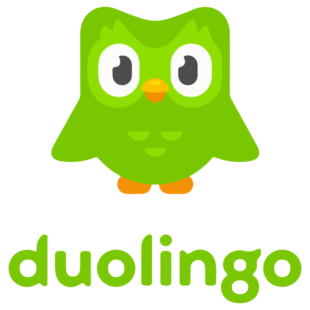 logotipo de Duolingo, que es un búho de color verde con las letras en verde debajo.